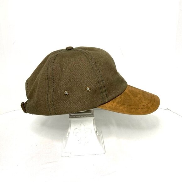 Army Green & Tan Faux Leather Baseball Hat Heavy Canvas Neutral Minimalist - Picture 4 of 6